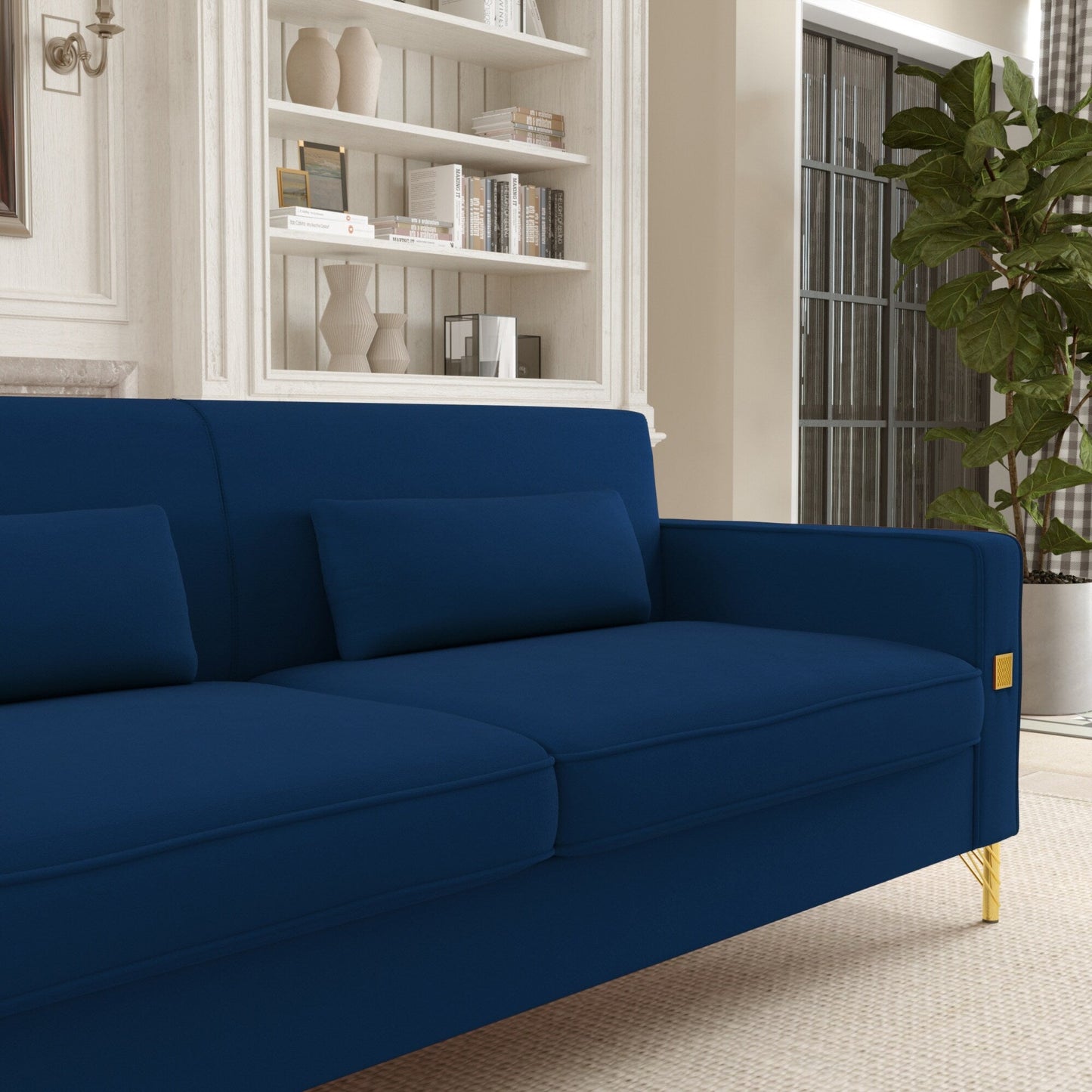 Canapé 3 places rétro en velours bleu avec touches dorées