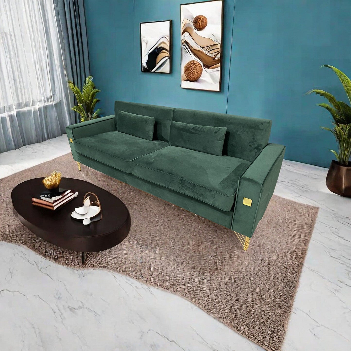Canapé 3 places en velours vert rétro moderne 85,63 avec touches dorées et coussins moelleux pour le salon