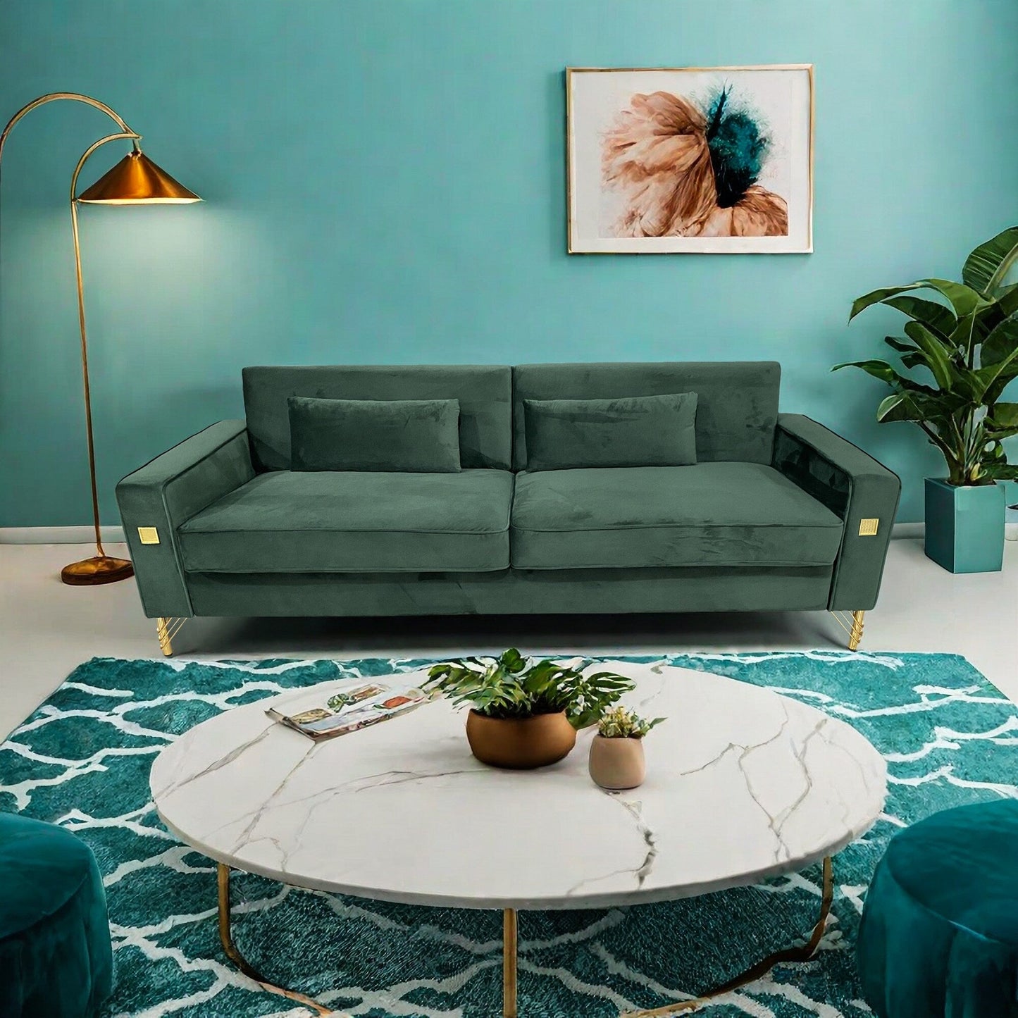 Canapé 3 places en velours vert rétro moderne 85,63 avec touches dorées et coussins moelleux pour le salon