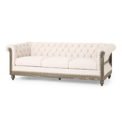 Canapé Chesterfield 3 places capitonné à boutons de style rétro 85,5 avec pieds en bois pour le salon