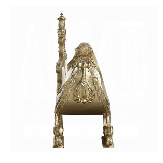 Canapé-banquette Rexx 71 pouces, sculptures dorées, similicuir blanc