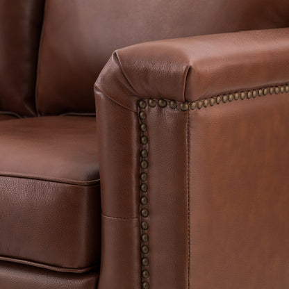 Canapé de salon 3 places en cuir véritable Rita avec pieds en bois massif et clous décoratifs