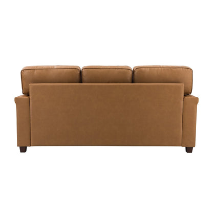 Canapé de salon 3 places en cuir véritable Rita avec pieds en bois massif et clous décoratifs