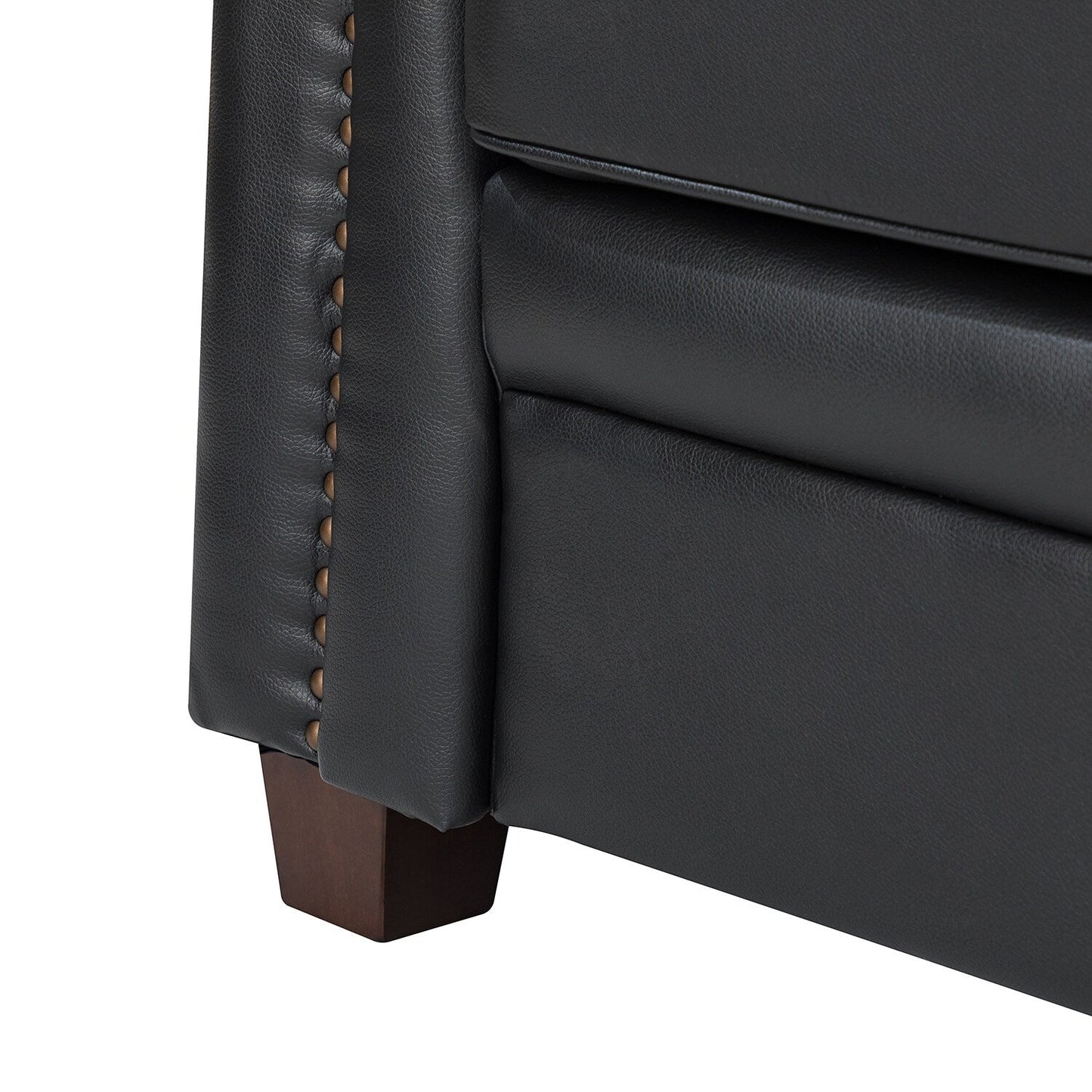 Canapé de salon 3 places en cuir véritable Rita avec pieds en bois massif et clous décoratifs