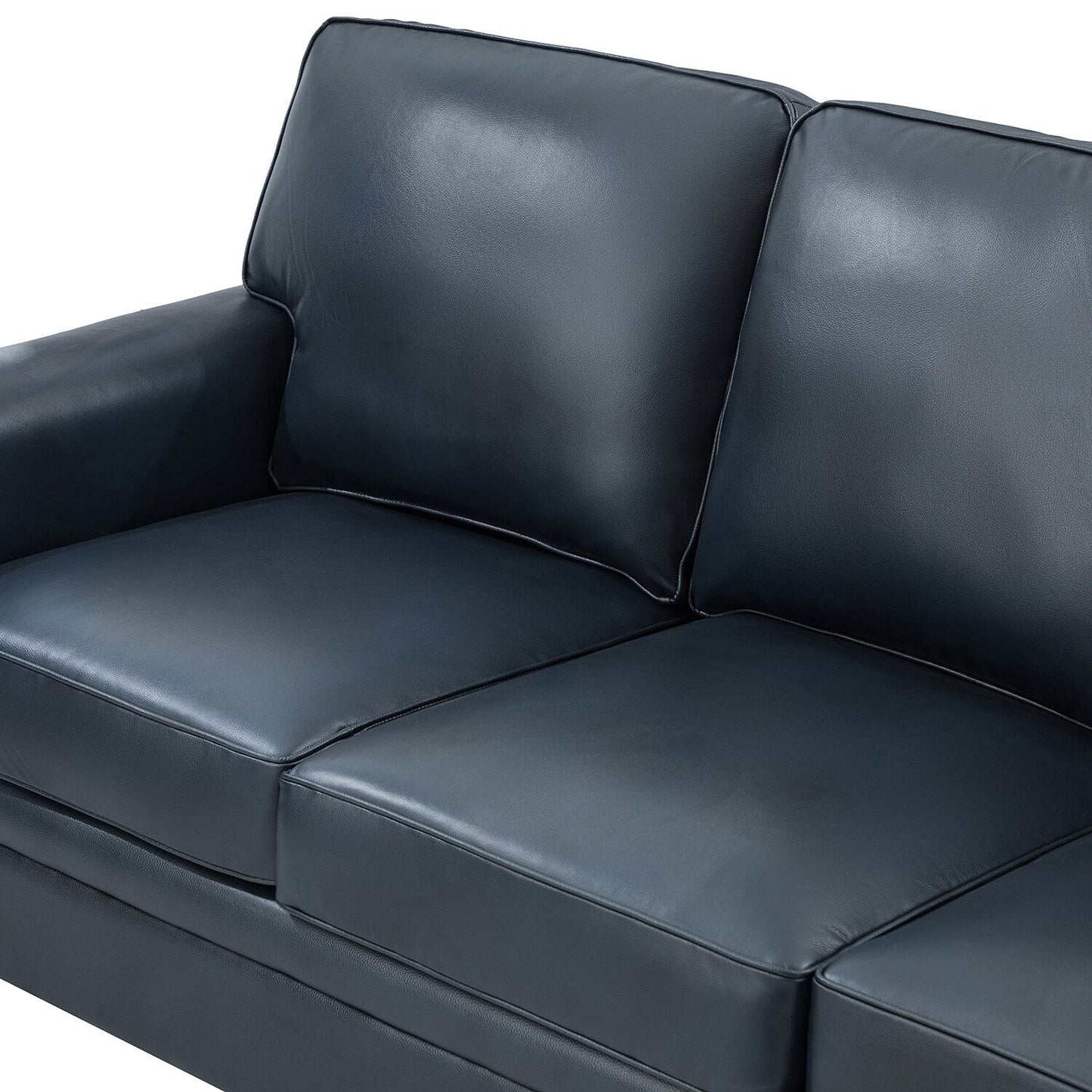 Canapé de salon 3 places en cuir véritable Rita avec pieds en bois massif et clous décoratifs