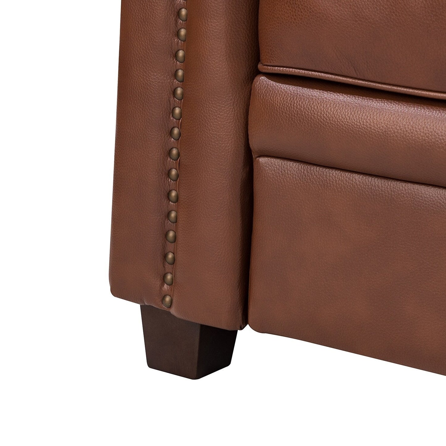 Canapé de salon 3 places en cuir véritable Rita avec pieds en bois massif et clous décoratifs