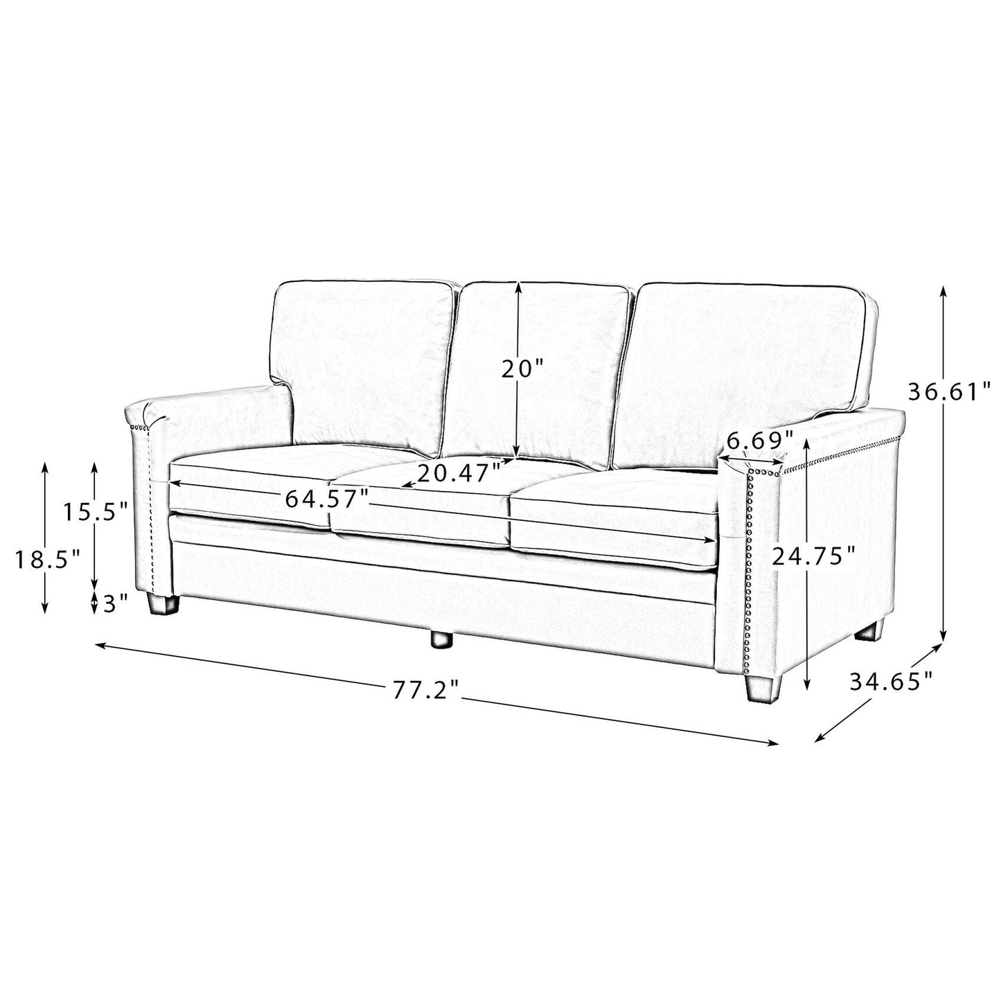 Canapé de salon 3 places en cuir véritable Rita avec pieds en bois massif et clous décoratifs