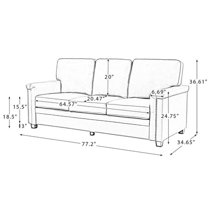 Canapé de salon 3 places en cuir véritable Rita avec pieds en bois massif et clous décoratifs