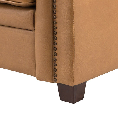 Canapé de salon 3 places en cuir véritable Rita avec pieds en bois massif et clous décoratifs