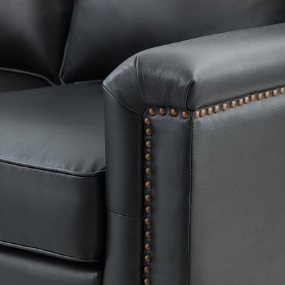 Canapé de salon 3 places en cuir véritable Rita avec pieds en bois massif et clous décoratifs