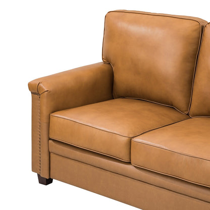 Canapé de salon 3 places en cuir véritable Rita avec pieds en bois massif et clous décoratifs