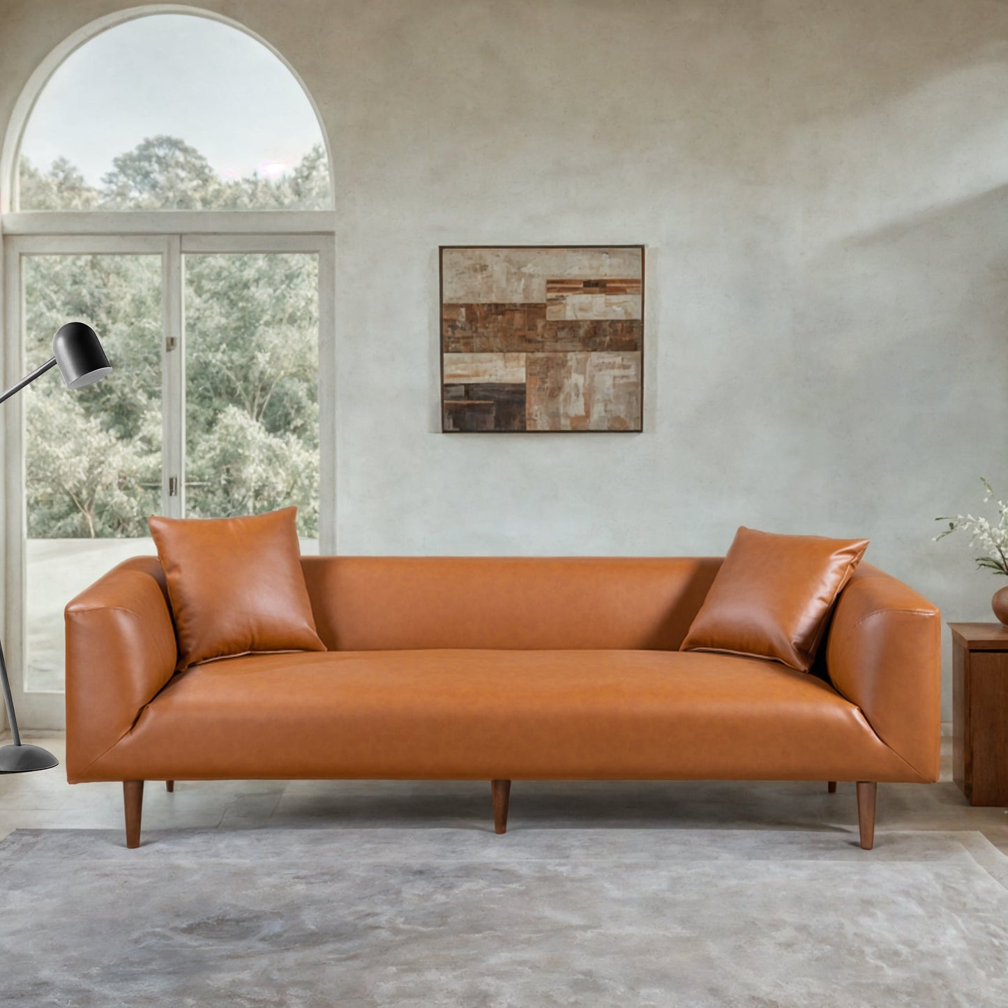 Canapé large et incurvé en cuir cognac Ritson 87 de style moderne du milieu du siècle