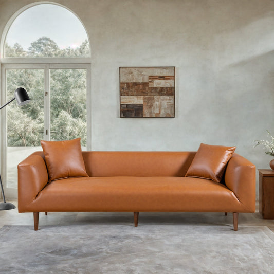 Canapé large et incurvé en cuir cognac Ritson 87 de style moderne du milieu du siècle