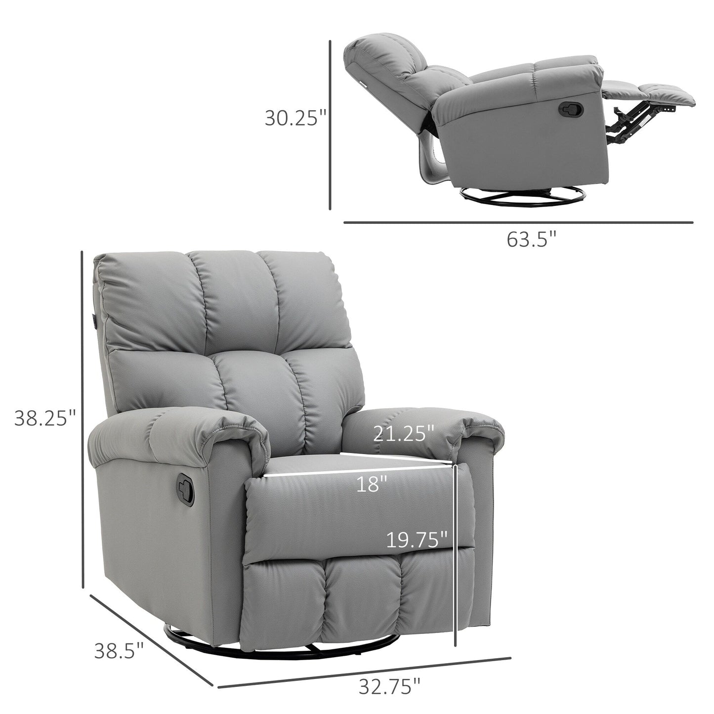 Fauteuil inclinable à bascule avec dossier et siège rembourrés, fauteuil inclinable manuel en cuir avec repose-pieds et base pivotante à 360°