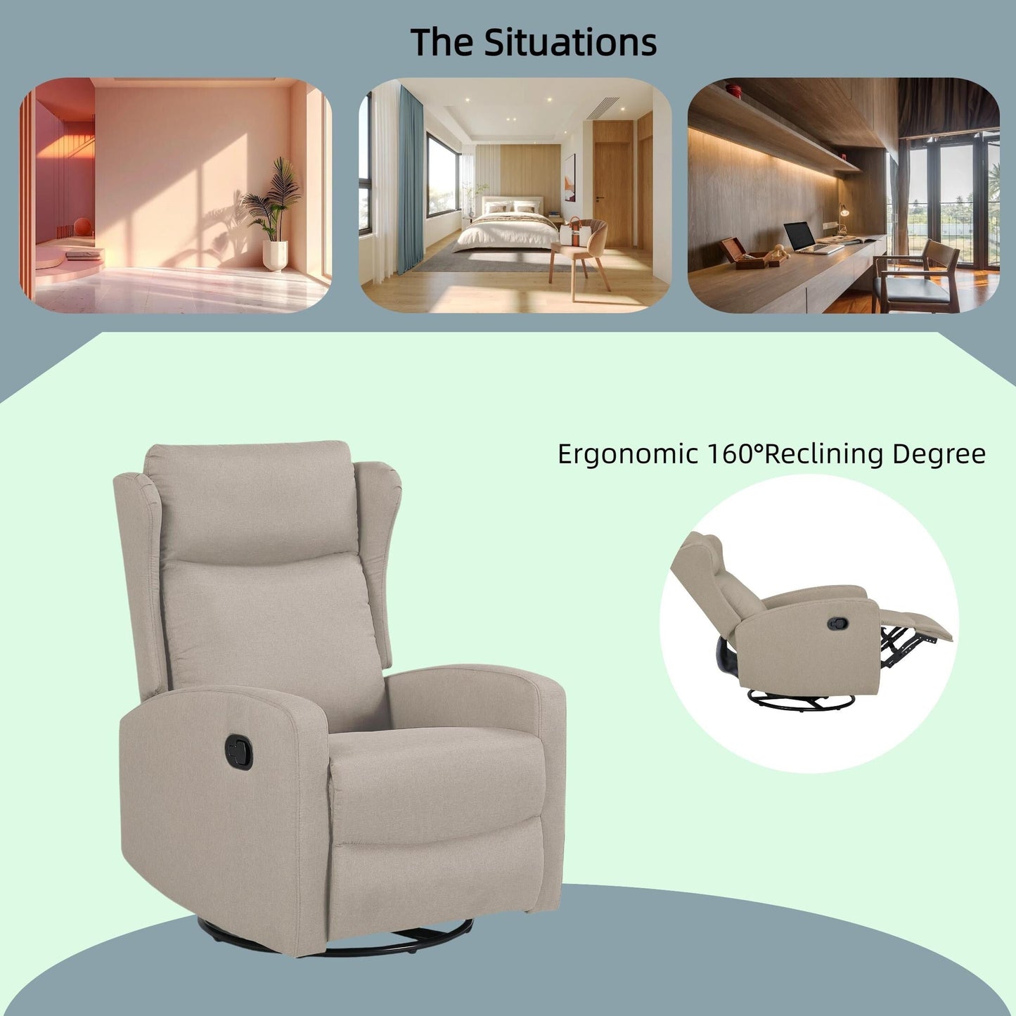 Fauteuil inclinable à bascule, inclinaison à 3 positions, support confortable pour les accoudoirs et le dos, design moderne avec mousse haute densité