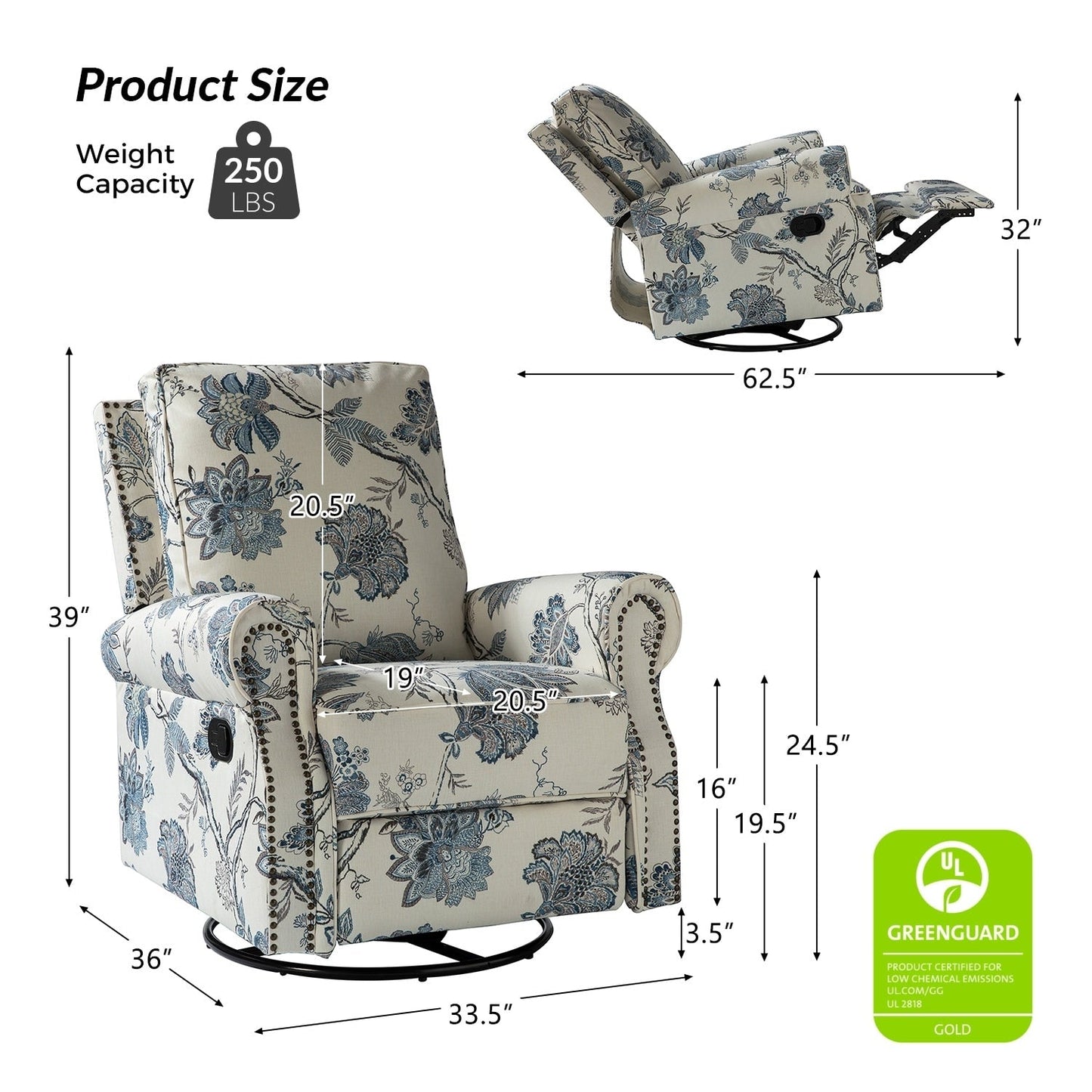 Fauteuil inclinable pivotant à bascule et à imprimé floral Roderich Farmhouse avec accoudoirs roulés par HULALA HOME