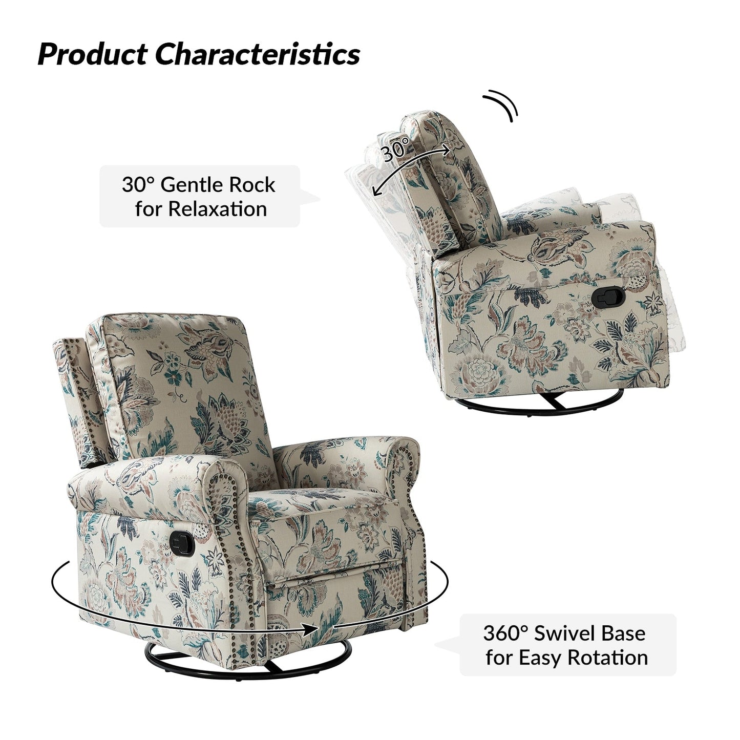 Fauteuil inclinable pivotant à bascule et à imprimé floral Roderich Farmhouse avec accoudoirs roulés, lot de 2 par HULALA HOME