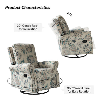 Fauteuil inclinable pivotant à bascule et à imprimé floral Roderich Farmhouse avec accoudoirs roulés, lot de 2 par HULALA HOME