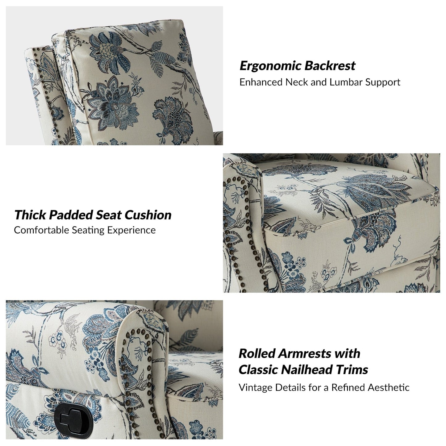 Fauteuil inclinable pivotant à bascule et à imprimé floral Roderich Farmhouse avec accoudoirs roulés, lot de 2 par HULALA HOME