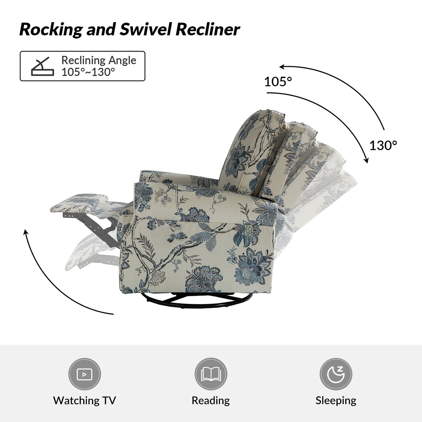 Fauteuil inclinable pivotant à bascule et à imprimé floral Roderich Farmhouse avec accoudoirs roulés, lot de 2 par HULALA HOME