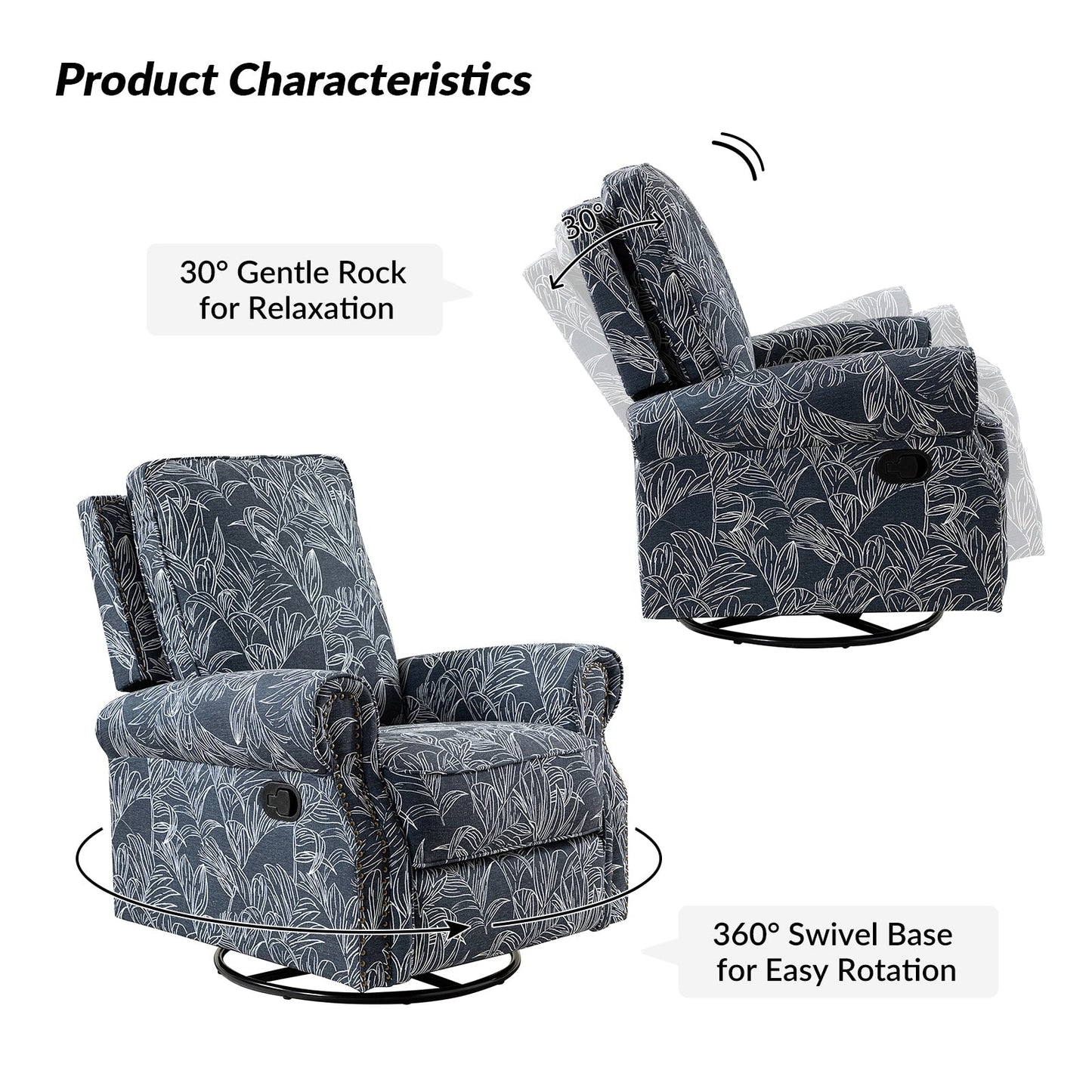 Fauteuil inclinable pivotant à bascule et à imprimé floral Roderich Farmhouse avec accoudoirs roulés, lot de 2 par HULALA HOME