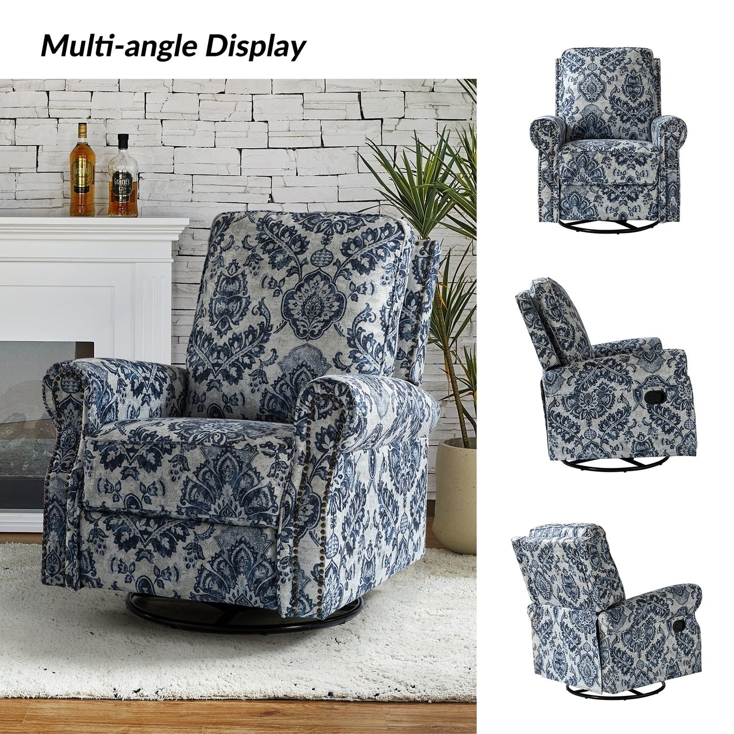 Fauteuil inclinable pivotant à bascule et à imprimé floral Roderich Farmhouse avec accoudoirs roulés, lot de 2 par HULALA HOME