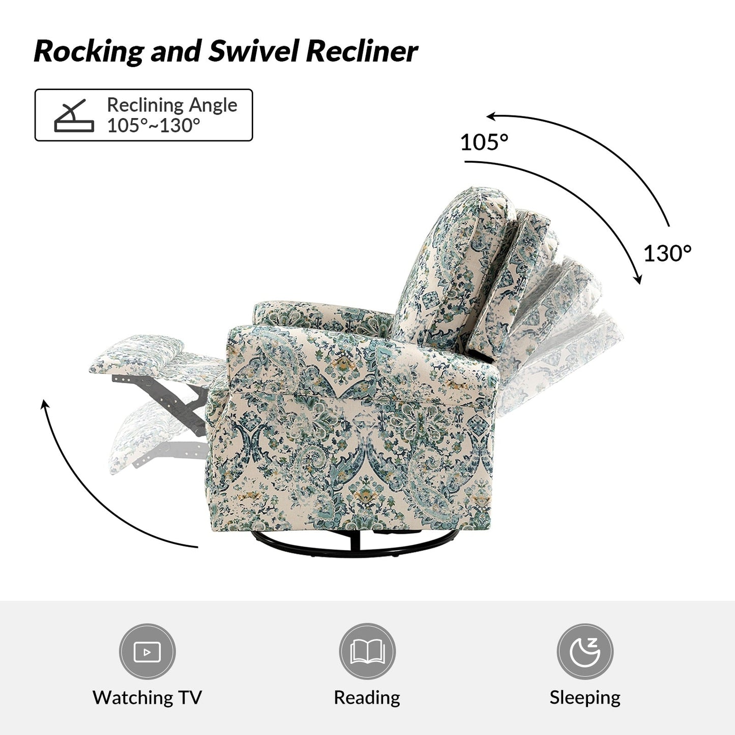 Fauteuil inclinable pivotant à bascule et à imprimé floral Roderich Farmhouse avec accoudoirs roulés, lot de 2 par HULALA HOME