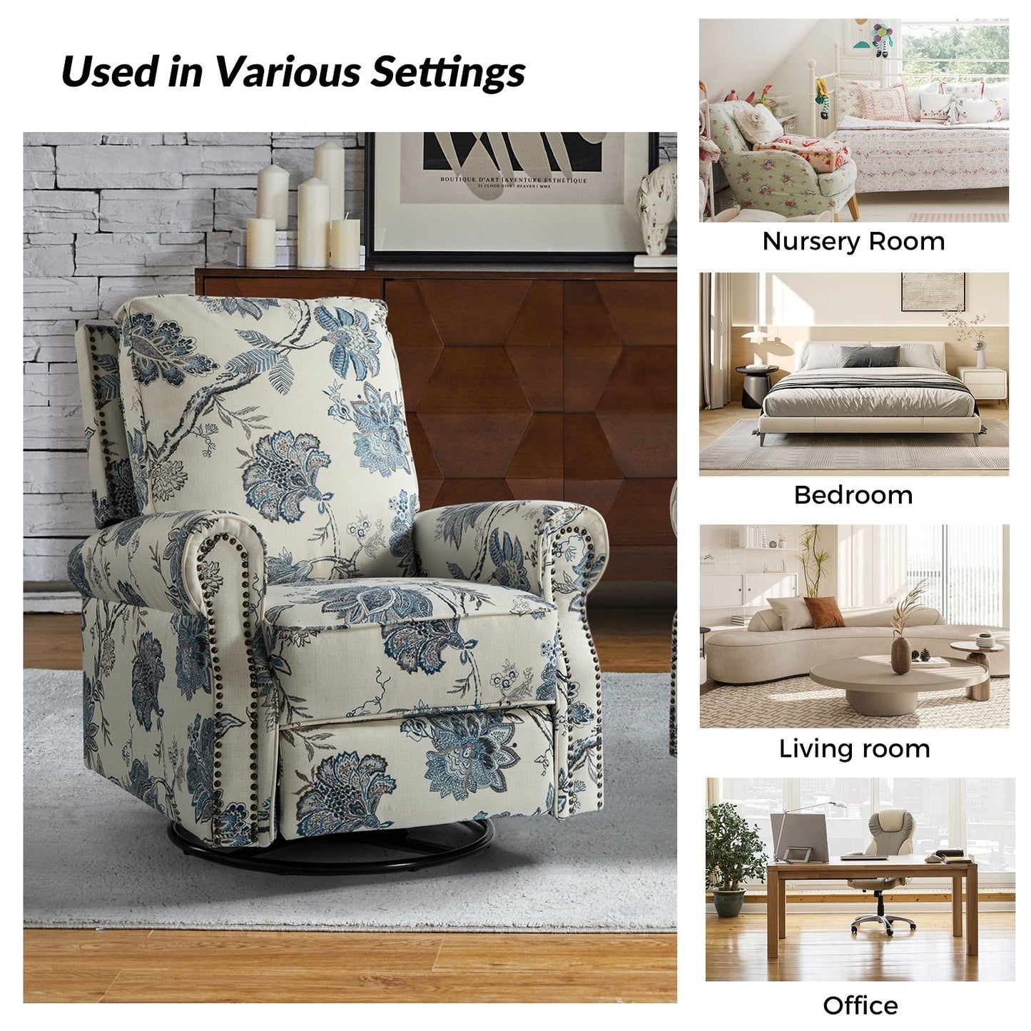 Fauteuil inclinable pivotant à bascule et à imprimé floral Roderich Farmhouse avec accoudoirs roulés, lot de 2 par HULALA HOME