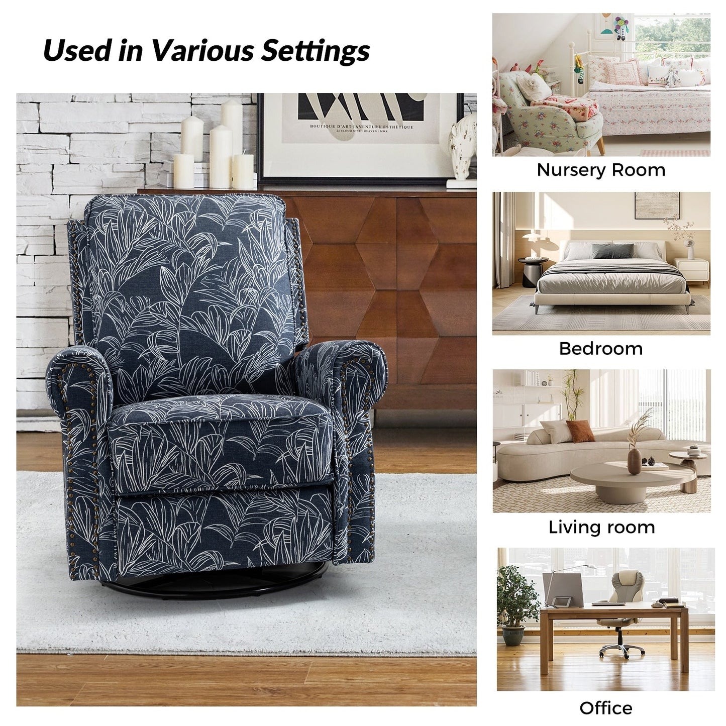 Fauteuil inclinable pivotant à bascule et à imprimé floral Roderich Farmhouse avec accoudoirs roulés, lot de 2 par HULALA HOME