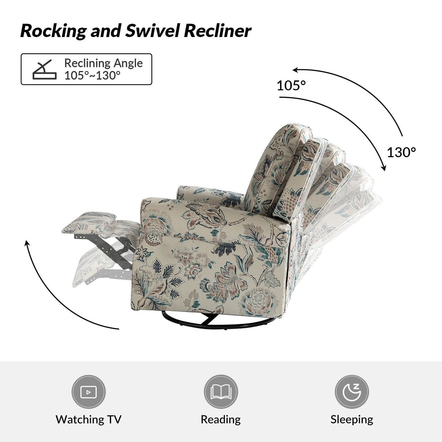 Fauteuil inclinable pivotant à bascule et à imprimé floral Roderich Farmhouse avec accoudoirs roulés, lot de 2 par HULALA HOME