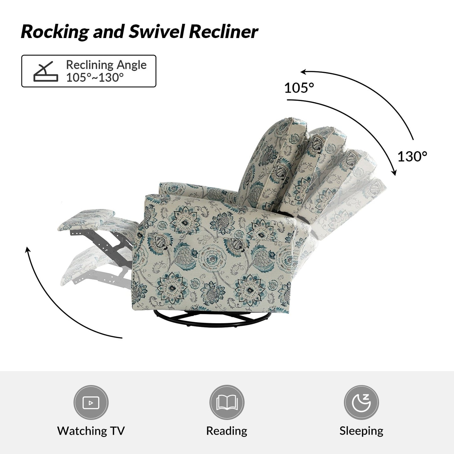 Fauteuil inclinable pivotant à bascule et à imprimé floral Roderich Farmhouse avec accoudoirs roulés, lot de 2 par HULALA HOME