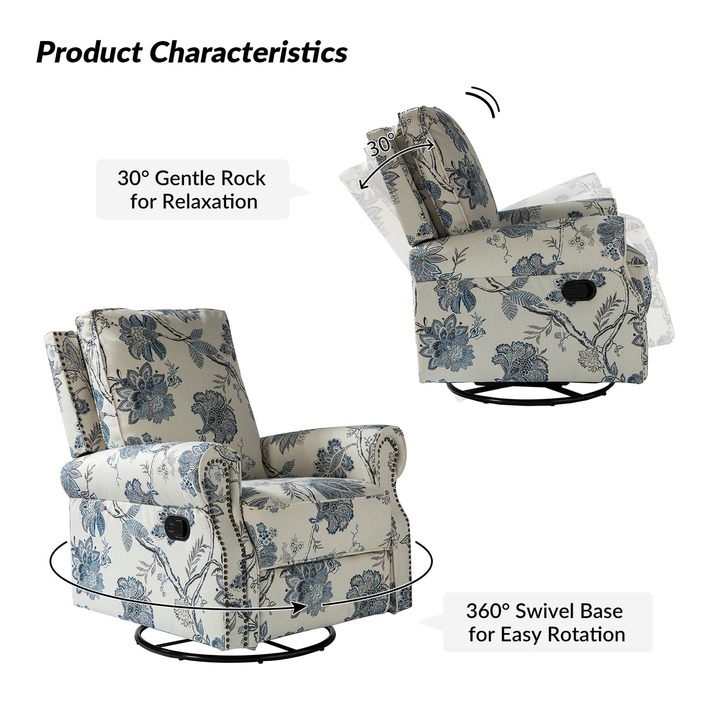 Fauteuil inclinable pivotant à bascule et à imprimé floral Roderich Farmhouse avec accoudoirs roulés, lot de 2 par HULALA HOME