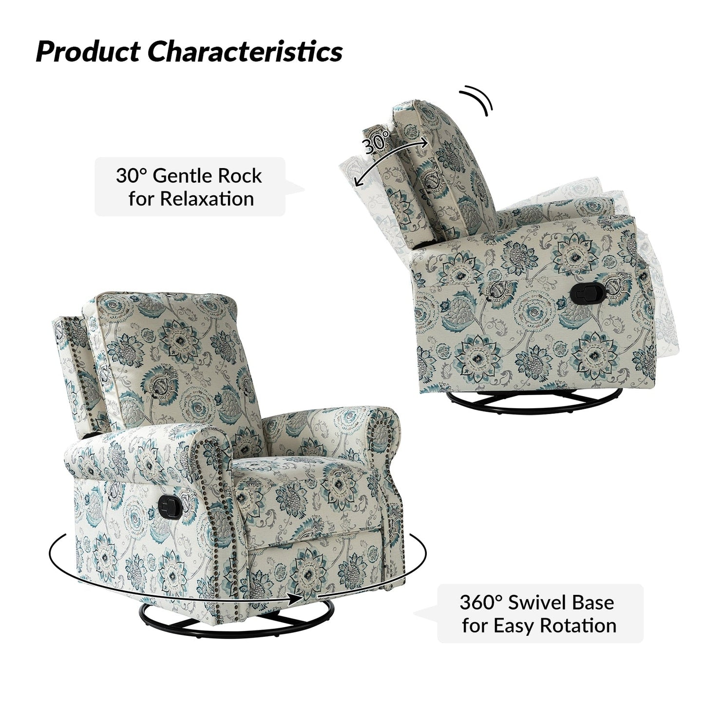 Fauteuil inclinable pivotant à bascule et à imprimé floral Roderich Farmhouse avec accoudoirs roulés, lot de 2 par HULALA HOME