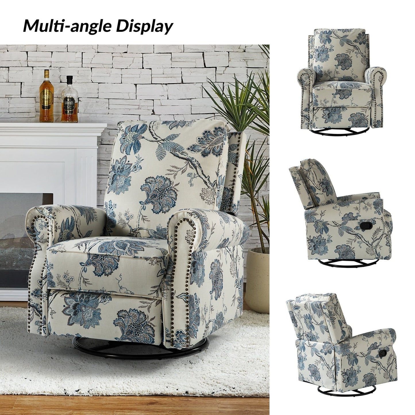 Fauteuil inclinable pivotant à bascule et à imprimé floral Roderich Farmhouse avec accoudoirs roulés par HULALA HOME