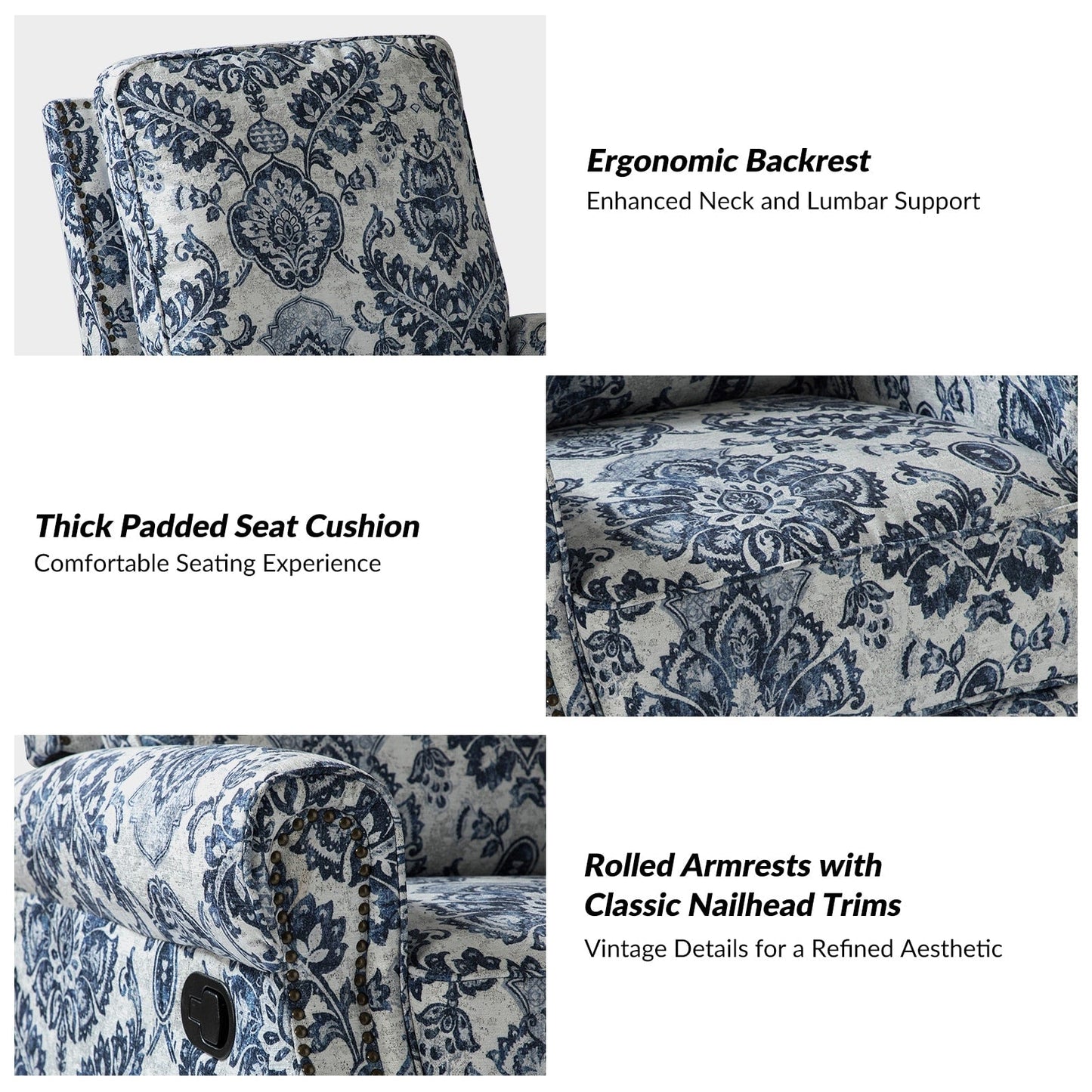 Fauteuil inclinable pivotant à bascule et à imprimé floral Roderich Farmhouse avec accoudoirs roulés par HULALA HOME