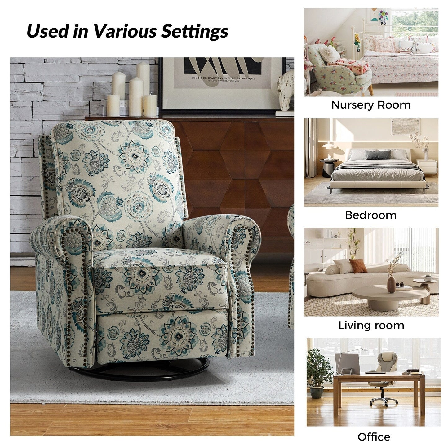 Fauteuil inclinable pivotant à bascule et à imprimé floral Roderich Farmhouse avec accoudoirs roulés par HULALA HOME