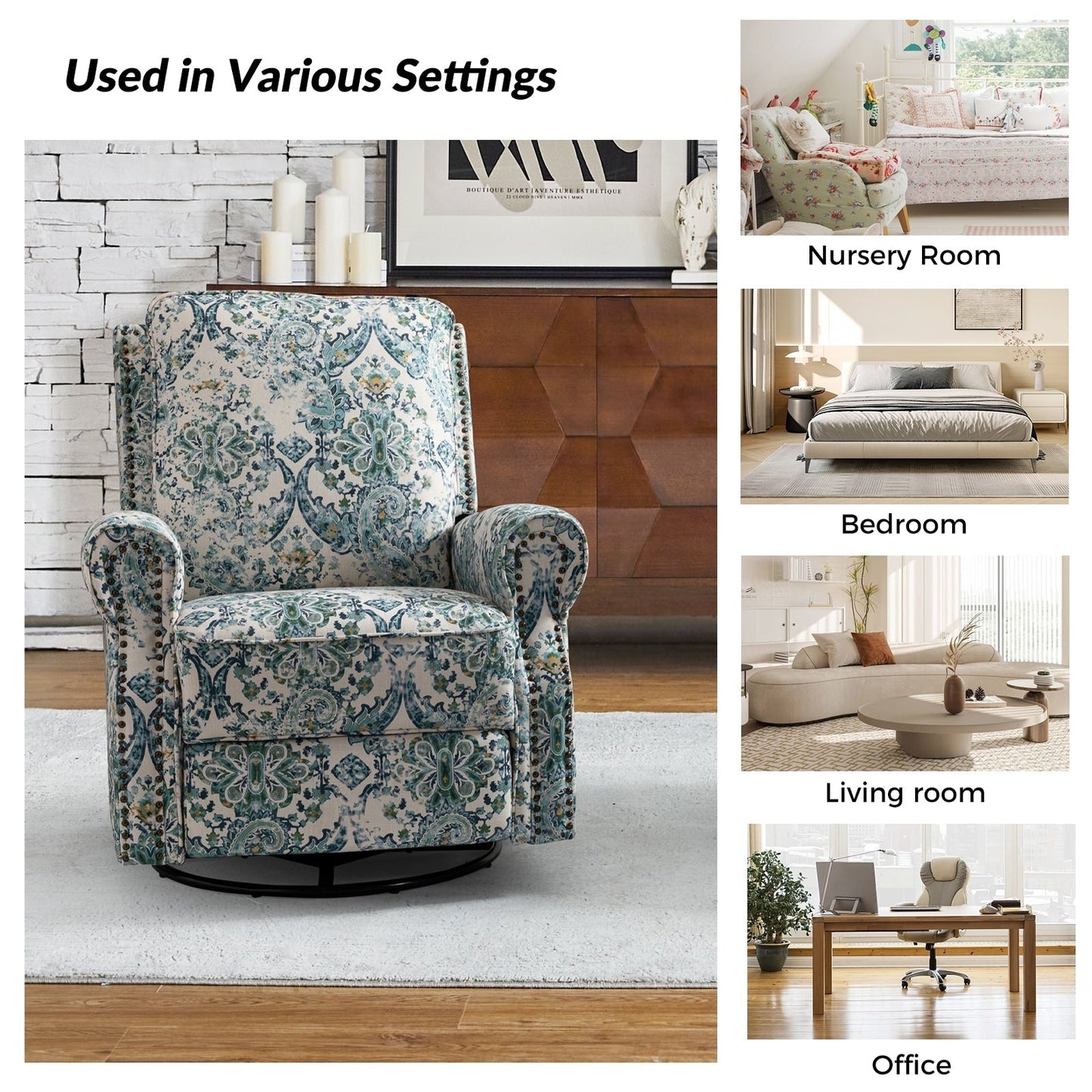 Fauteuil inclinable pivotant à bascule et à imprimé floral Roderich Farmhouse avec accoudoirs roulés par HULALA HOME