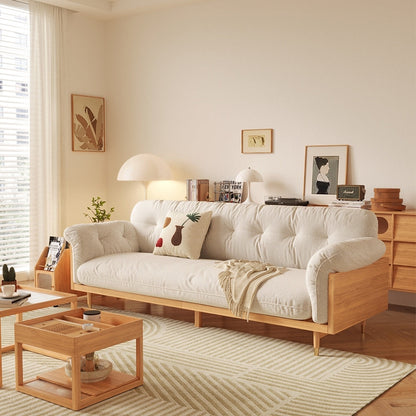 Canapé rectangulaire trois places Romision en lin beige avec accoudoirs évasés