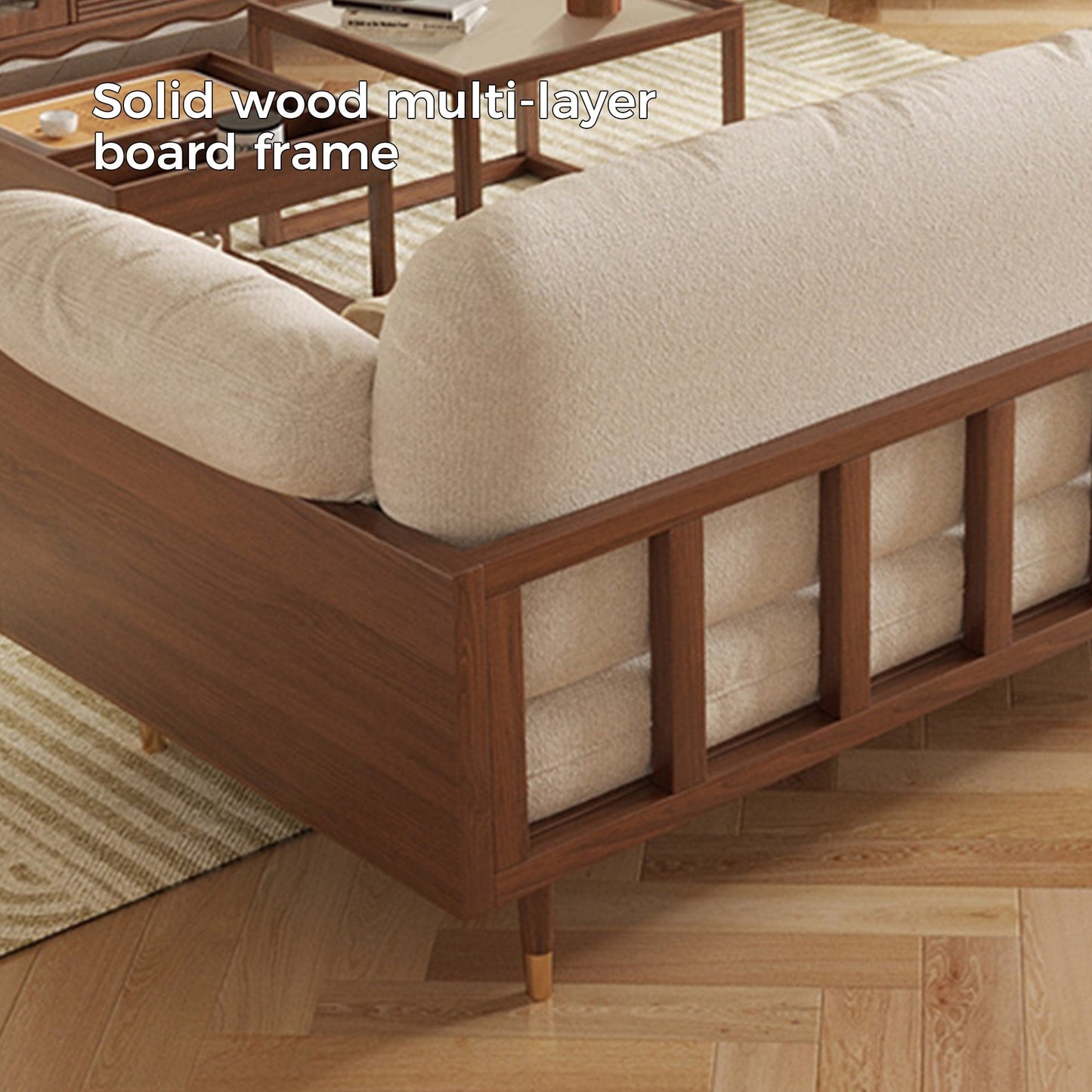 Canapé rectangulaire trois places Romision en lin beige avec accoudoirs évasés