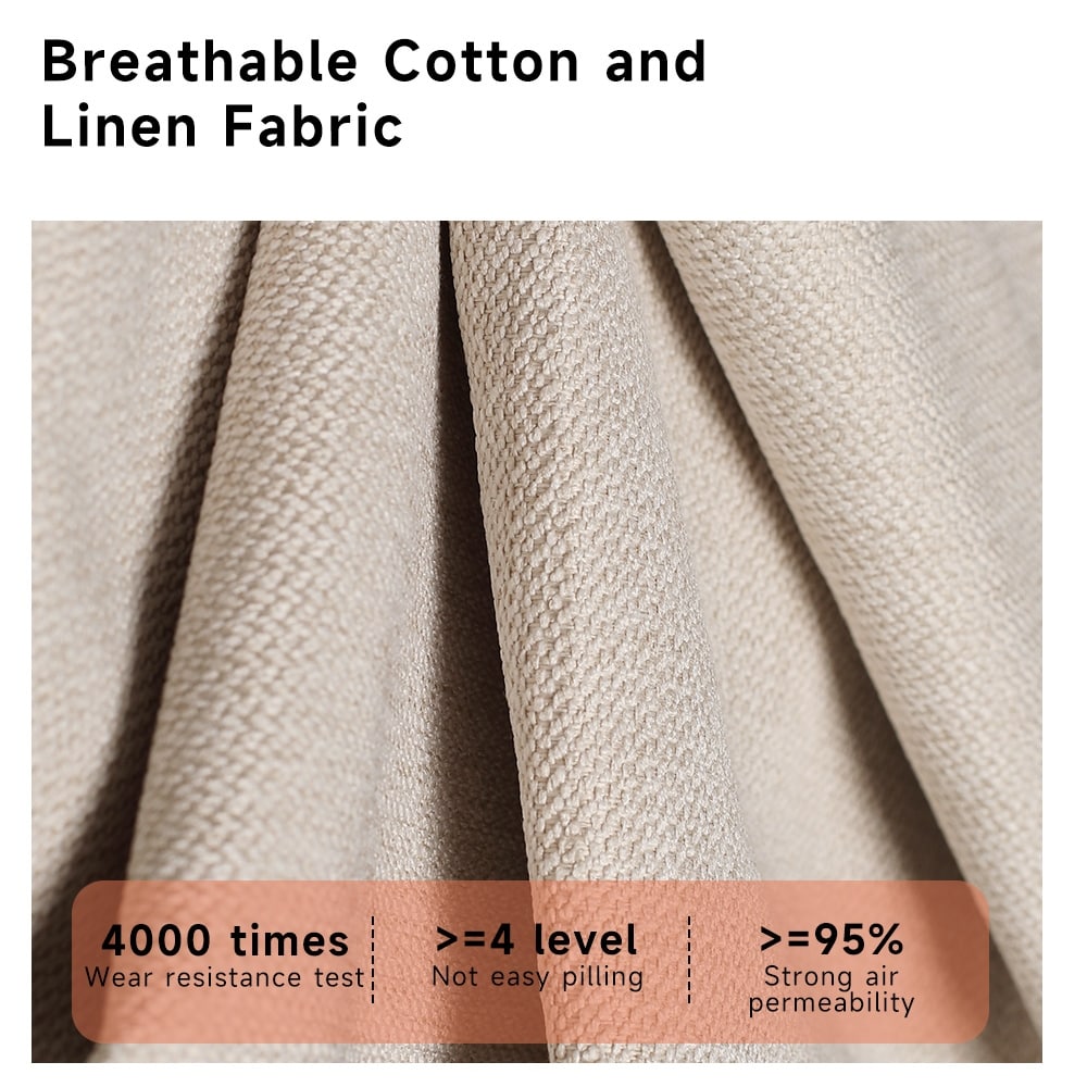 Canapé rectangulaire trois places Romision en lin beige avec accoudoirs évasés