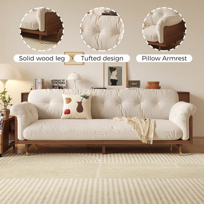 Canapé rectangulaire trois places Romision en lin beige avec accoudoirs évasés