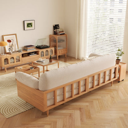 Canapé rectangulaire trois places Romision en lin beige avec accoudoirs évasés