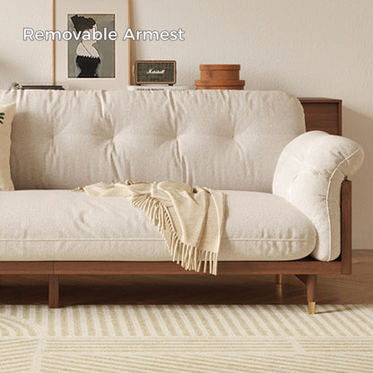 Canapé rectangulaire trois places Romision en lin beige avec accoudoirs évasés