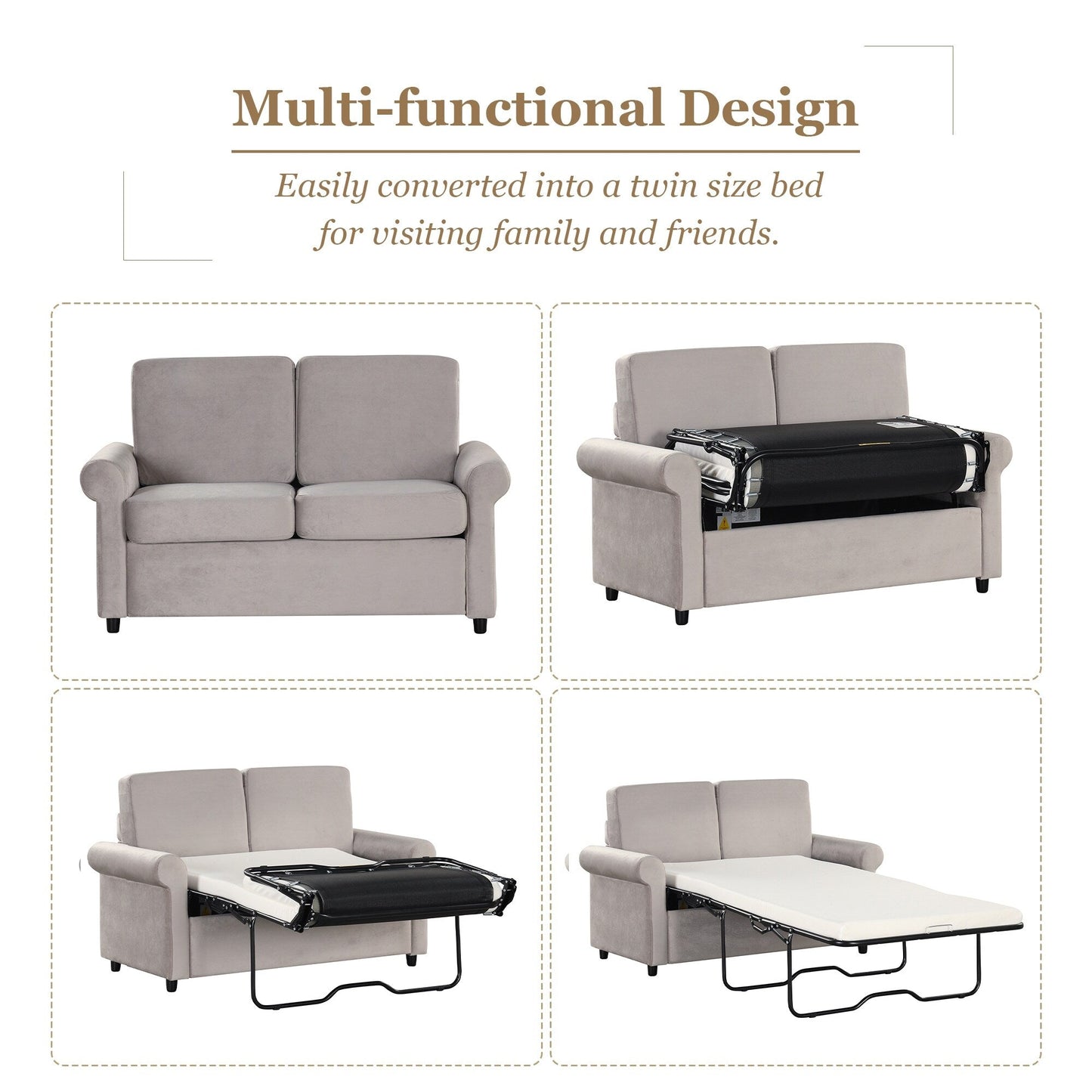 Canapé-lit gigogne 2 en 1 Roomfitters avec surmatelas double haut de gamme, ports USB et design compact pour le salon