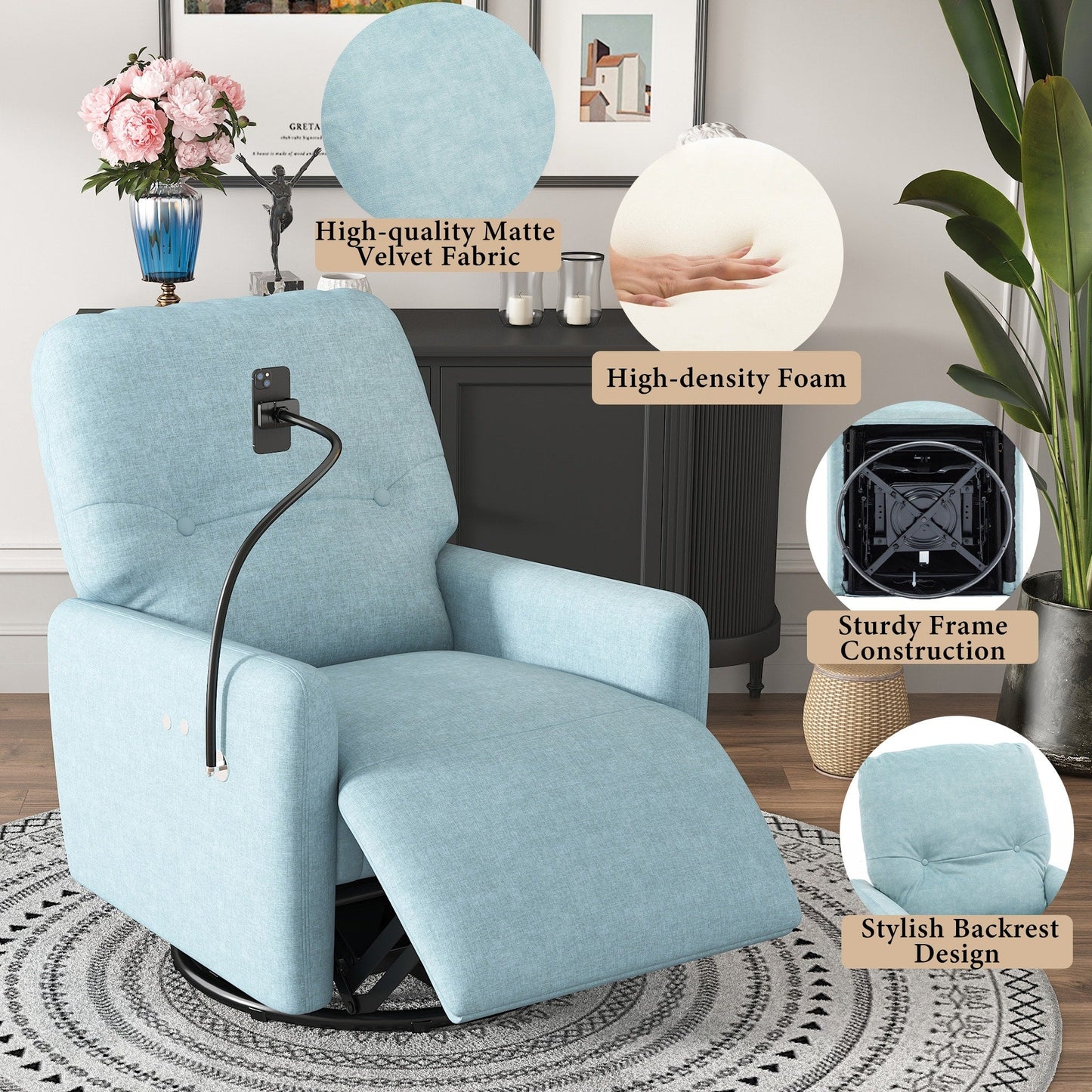 Roomfitters Fauteuil inclinable électrique pivotant à 270 degrés pour home cinéma Canapé inclinable simple à bascule