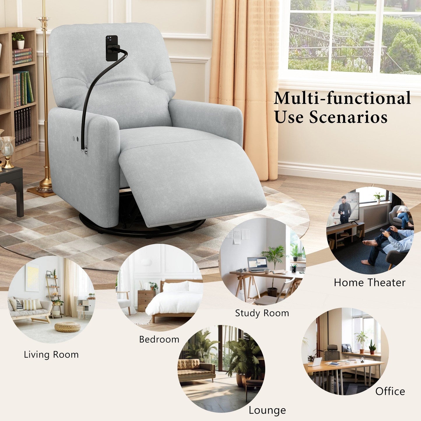 Roomfitters Fauteuil inclinable électrique pivotant à 270 degrés pour home cinéma Canapé inclinable simple à bascule