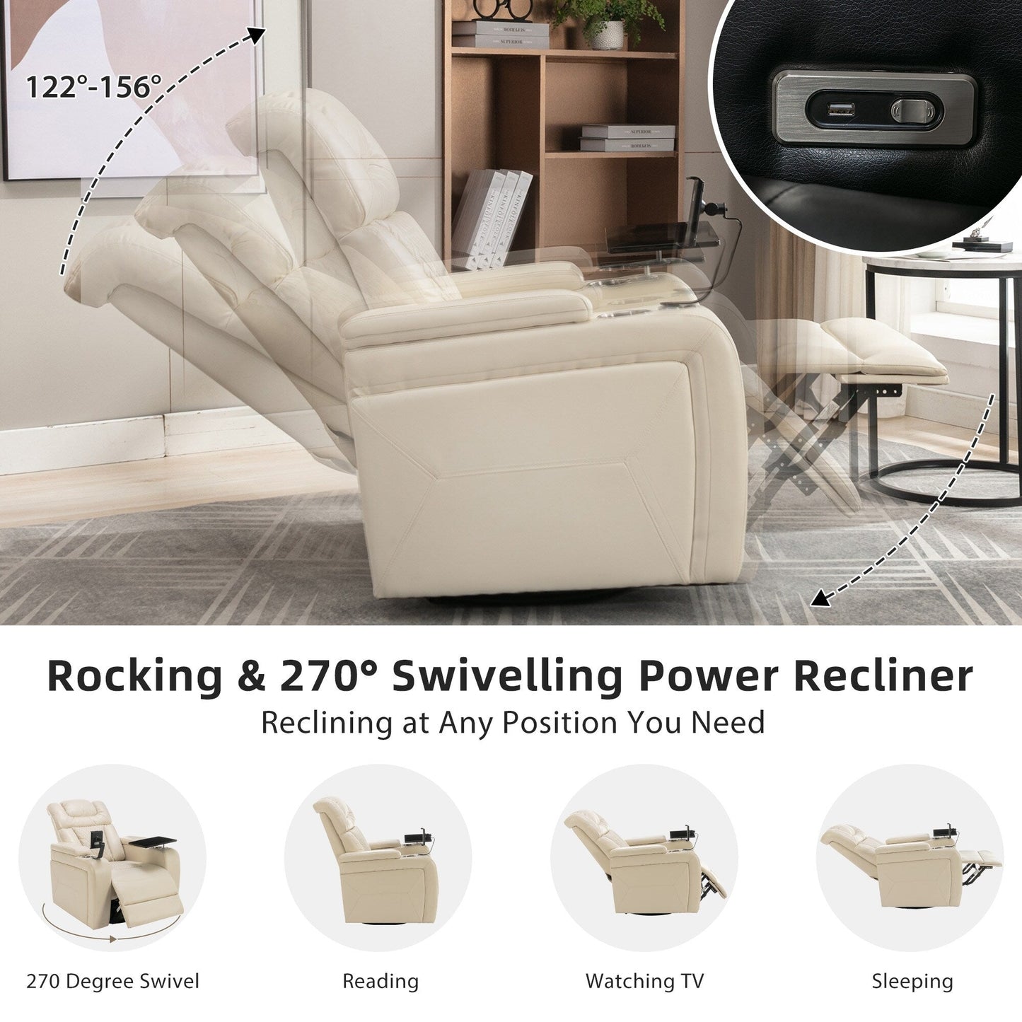Fauteuil inclinable électrique pivotant à 270° en cuir synthétique avec support de dossier, tablette, support de téléphone, port USB et rangement dissimulé pour les accoudoirs.