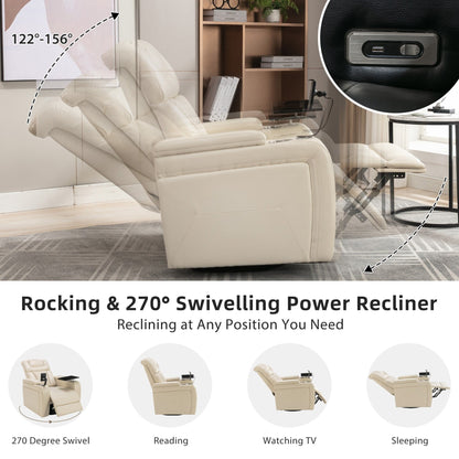 Fauteuil inclinable électrique pivotant à 270° en cuir synthétique avec support de dossier, tablette, support de téléphone, port USB et rangement dissimulé pour les accoudoirs.