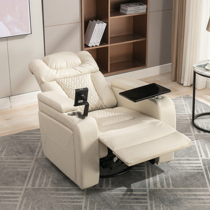 Fauteuil inclinable électrique pivotant à 270° en cuir synthétique avec support de dossier, tablette, support de téléphone, port USB et rangement dissimulé pour les accoudoirs.