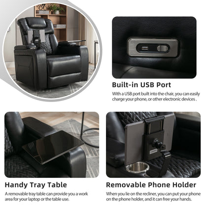 Fauteuil inclinable électrique pivotant à 270° en cuir synthétique avec support de dossier, tablette, support de téléphone, port USB et rangement dissimulé pour les accoudoirs.